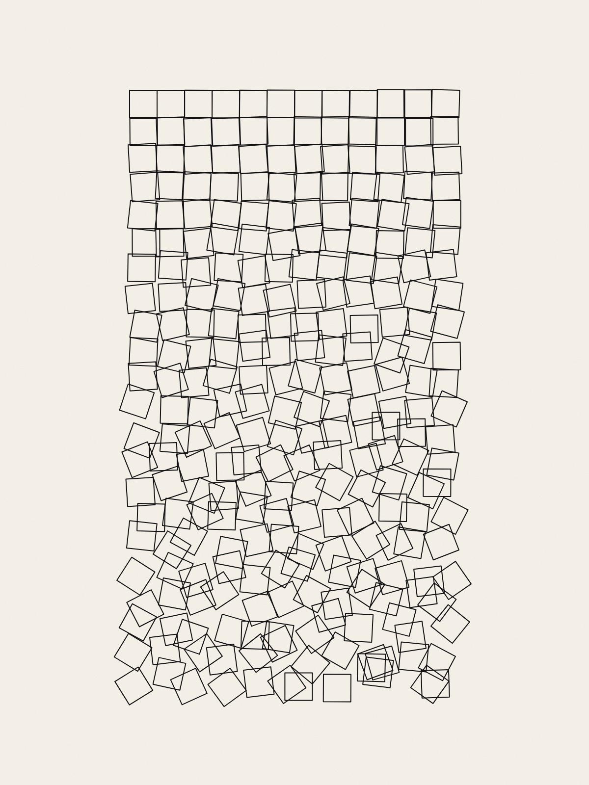 Twelve squares across and twenty-two down, drawn in thin black lines on warm paper. The top rows stand straight in a grid; row by row the squares shift and turn more, until at the bottom they lie scattered and overlapping.