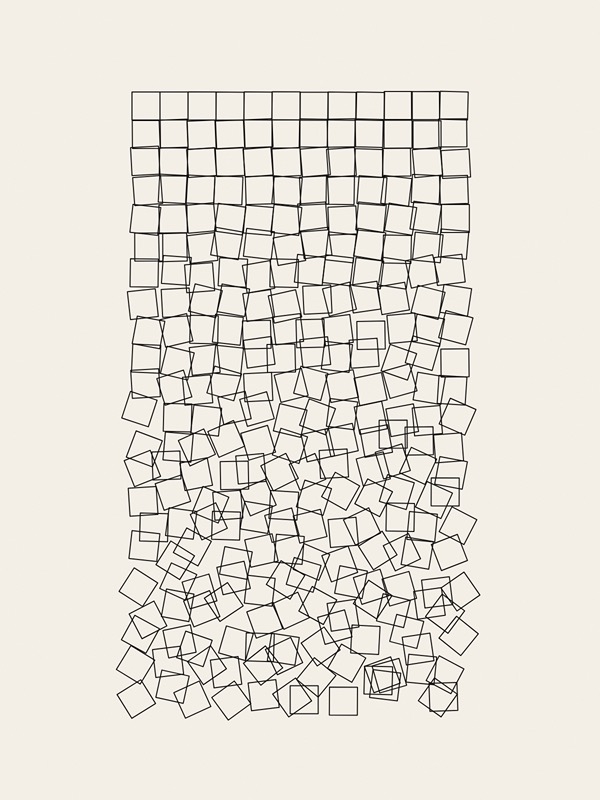 Twelve squares across and twenty-two down, drawn in thin black lines on warm paper. The top rows stand straight in a grid; row by row the squares shift and turn more, until at the bottom they lie scattered and overlapping.