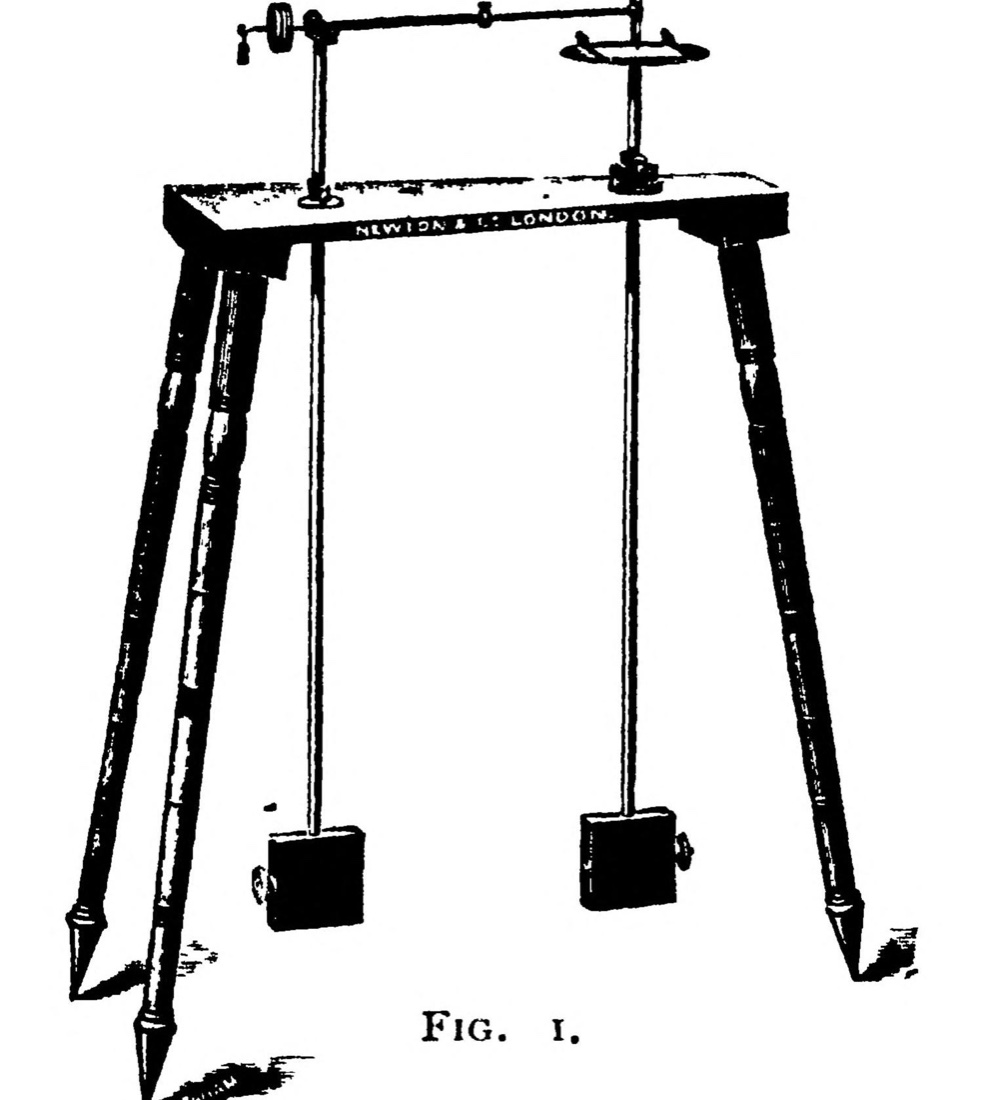An engraving of a small wooden table on four tall legs. Two long rods hang down through it, each with a block-shaped weight near the bottom. On top, one rod carries a horizontal arm with a pen at its end, the other a round platform under the pen. The table is marked Newton & Co. London.