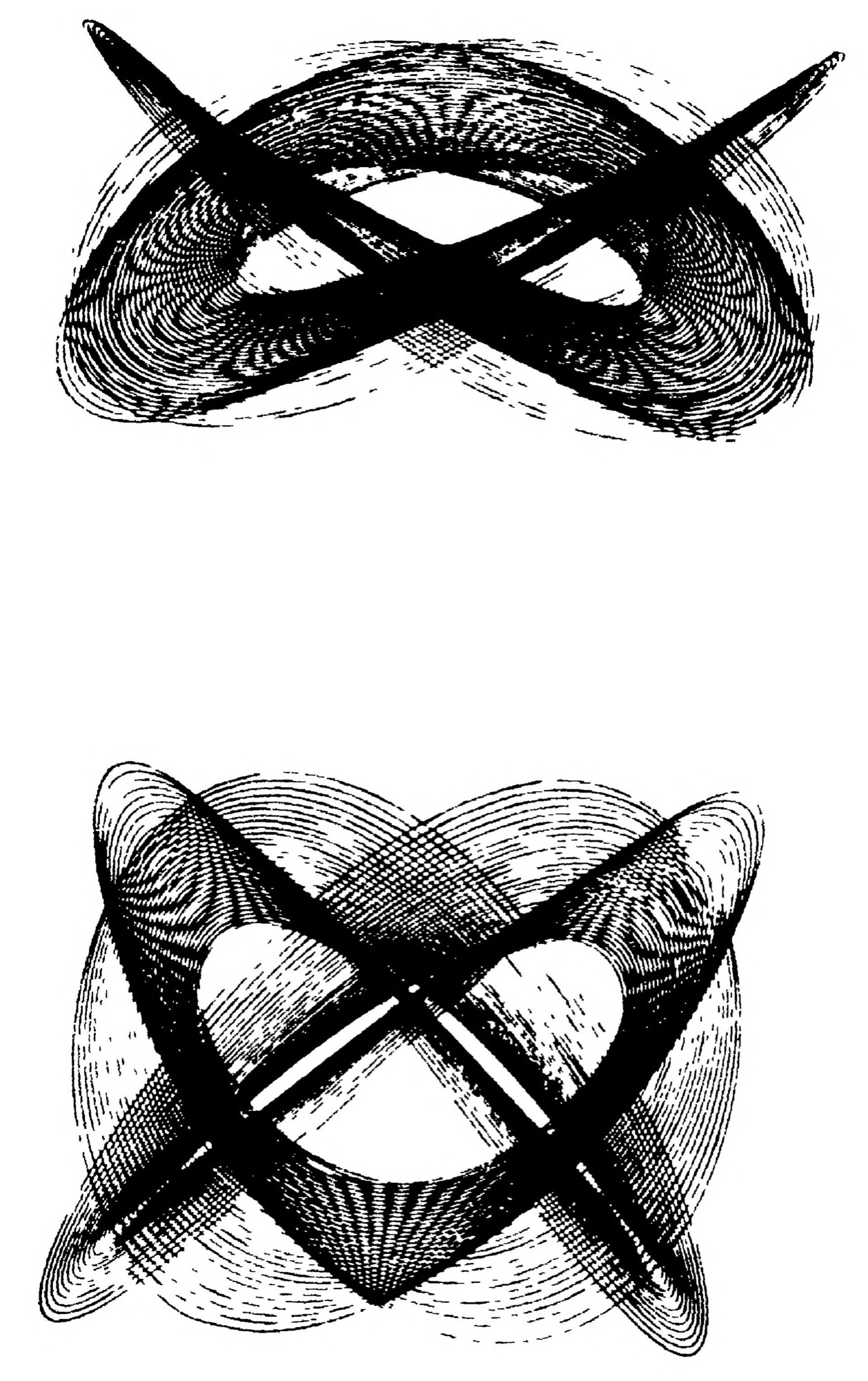 Two black figures printed on white, one above the other, each made of hundreds of fine curved lines. The upper looks like a flattened figure of eight, the lower like a heart crossed by an X. Below them: Plate IV.