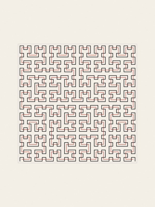 Three squares side by side on warm paper. Each holds one black path with right-angled turns that passes through every cell of a grid: 16 cells, then 64, then 1,024. Under each black path a thin red line shows the path of the order before, with fewer cells.