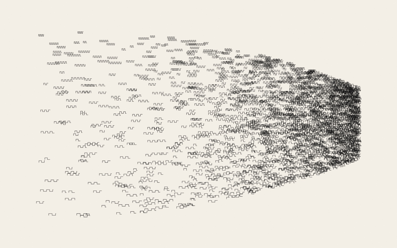 Thousands of short square-wave strokes in black ink: sparse and scattered on the left, growing denser towards the right, where they close into a compact dark body.