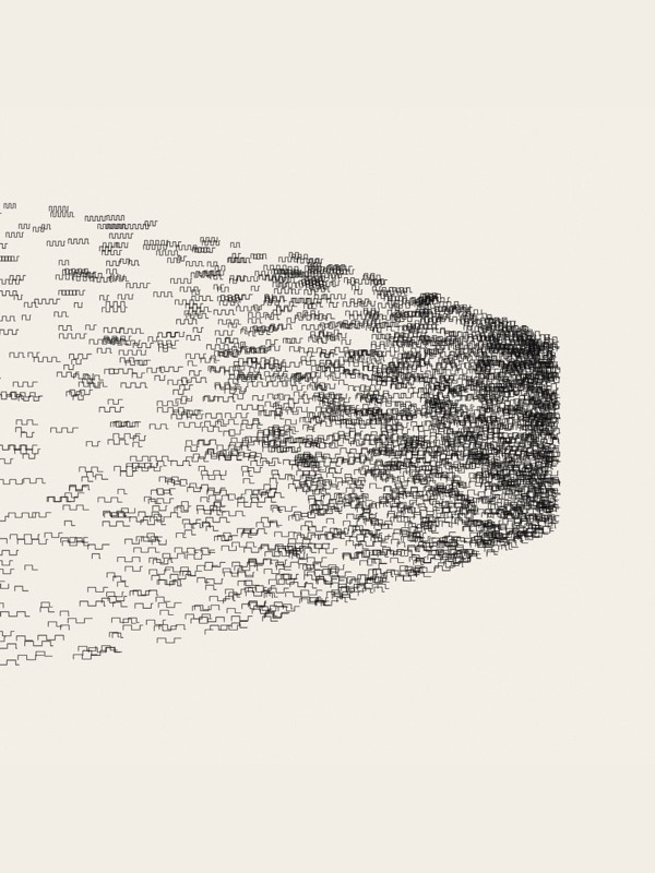 Thousands of short square-wave strokes in black ink: sparse and scattered on the left, growing denser towards the right, where they close into a compact dark body.