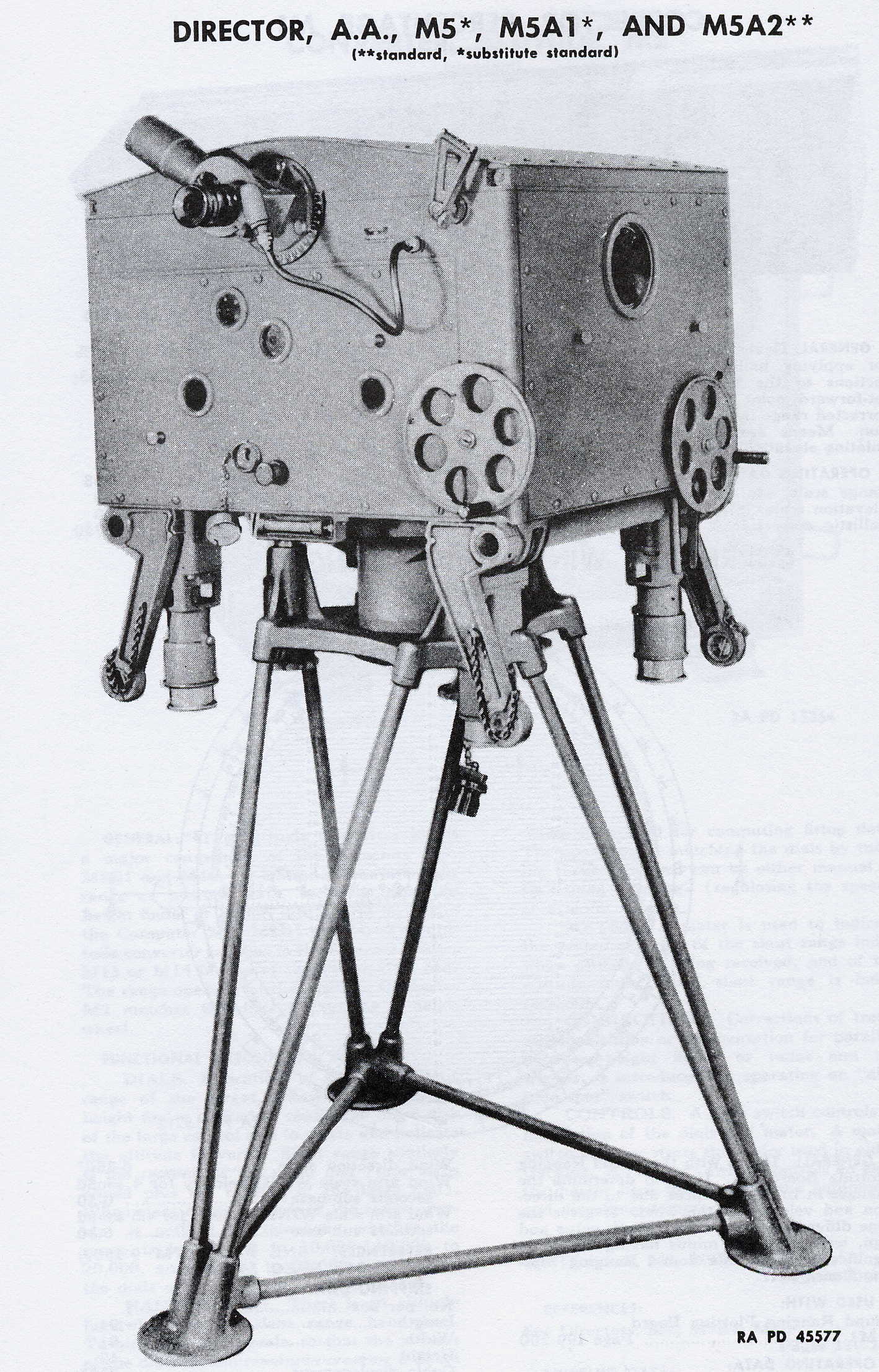 A black and white photograph from a 1944 army manual: a large metal box on a tall three-legged stand, with telescopes, round dials and handwheels on its sides. A heading reads Director, A.A., M5, M5A1 and M5A2.