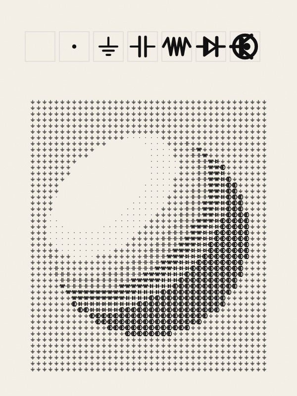 Left: a column of seven small squares, from light to dark: empty, a dot, a ground sign, a capacitor, a resistor zigzag, a diode and a transistor symbol. Right: a large grid of the same tiny symbols on warm paper; ground signs fill the background, and denser symbols build up a sphere that is light at the upper left and dark at the lower right.