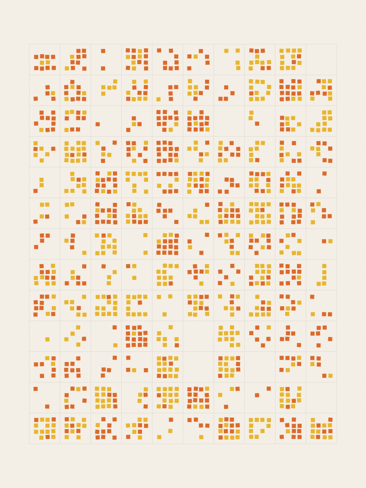 A grid of 10 by 13 square cells on warm paper. Each cell holds between none and fifteen small yellow and orange squares on a four-by-four pattern; some cells are nearly full, some empty.