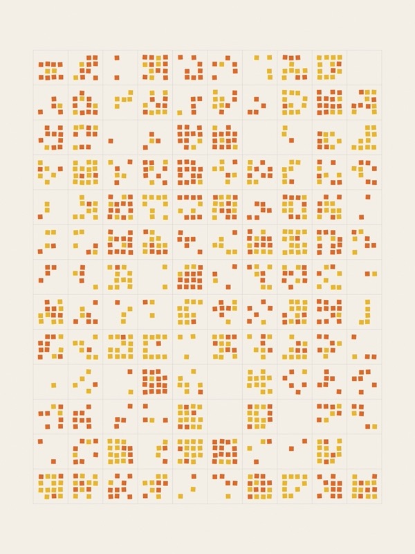 A grid of 10 by 13 square cells on warm paper. Each cell holds between none and fifteen small yellow and orange squares on a four-by-four pattern; some cells are nearly full, some empty.