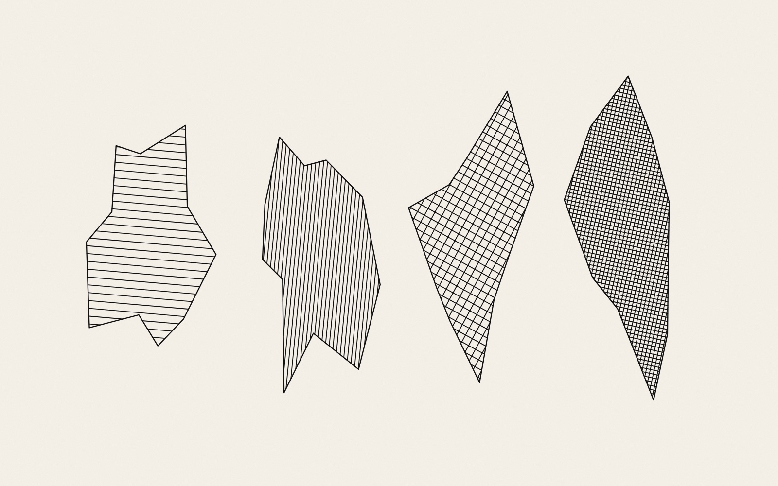 Four irregular shapes with jagged, inward-bending outlines in a row on warm paper, each filled with thin black parallel lines: the first with widely spaced lines, the second with close lines, the third crossed at right angles, the fourth crossed and close, so that the shapes go from light to dark.