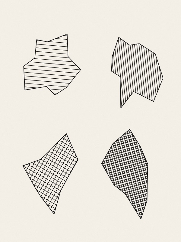 Four irregular shapes with jagged, inward-bending outlines in a row on warm paper, each filled with thin black parallel lines: the first with widely spaced lines, the second with close lines, the third crossed at right angles, the fourth crossed and close, so that the shapes go from light to dark.