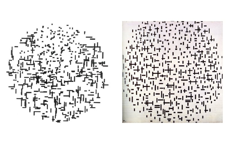 Two pictures side by side. Left: A. Michael Noll's Computer Composition with Lines, short black vertical and horizontal bars inside a circle. Right: Piet Mondrian's painting Composition in Line, short black bars and crosses in a roughly circular field on a white canvas, signed PM 17.