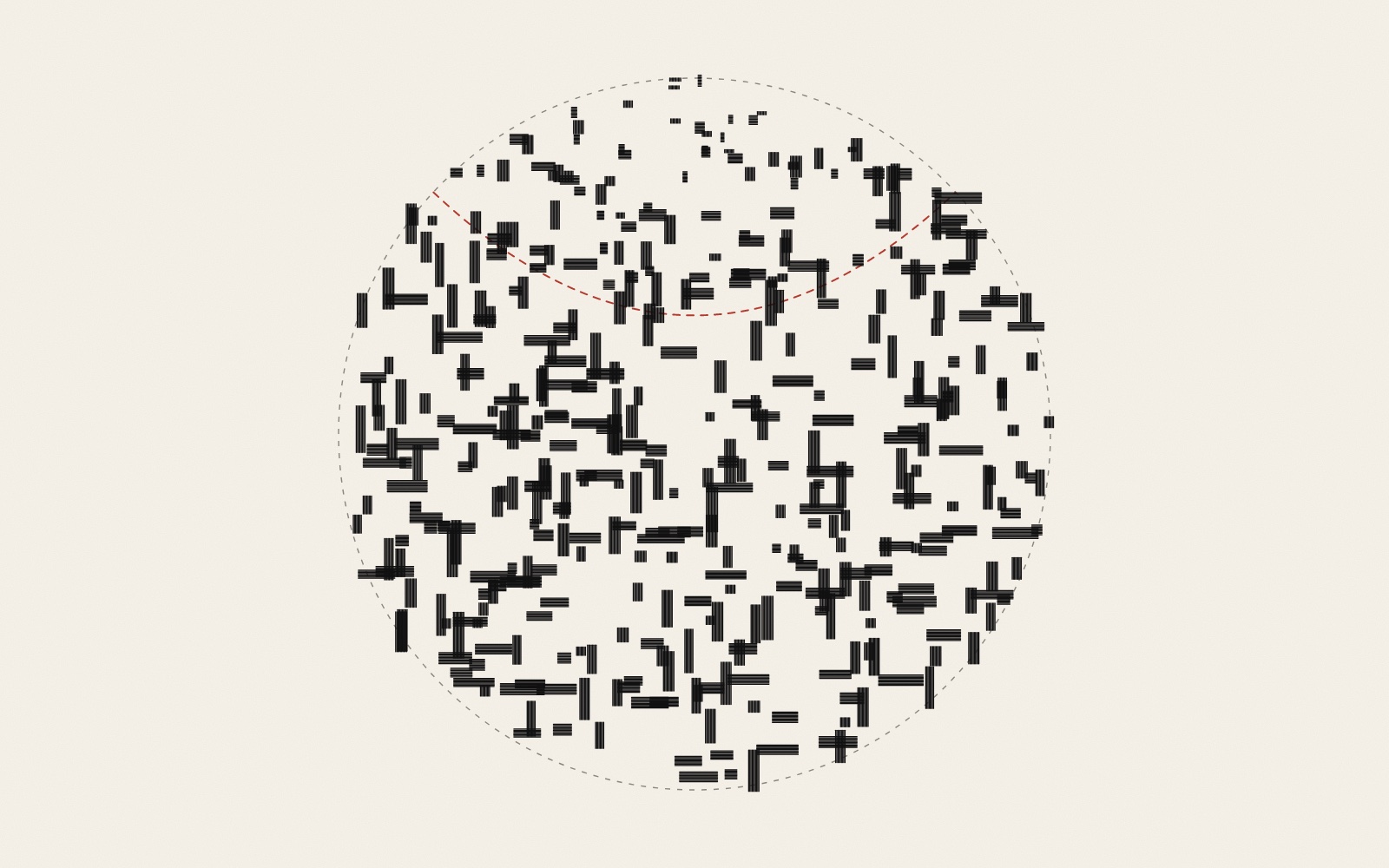 Short black vertical and horizontal bars, each made of close parallel lines, scattered inside a dashed grey circle on warm paper. A dashed red curve near the top marks a cup-shaped region where the bars are shorter.