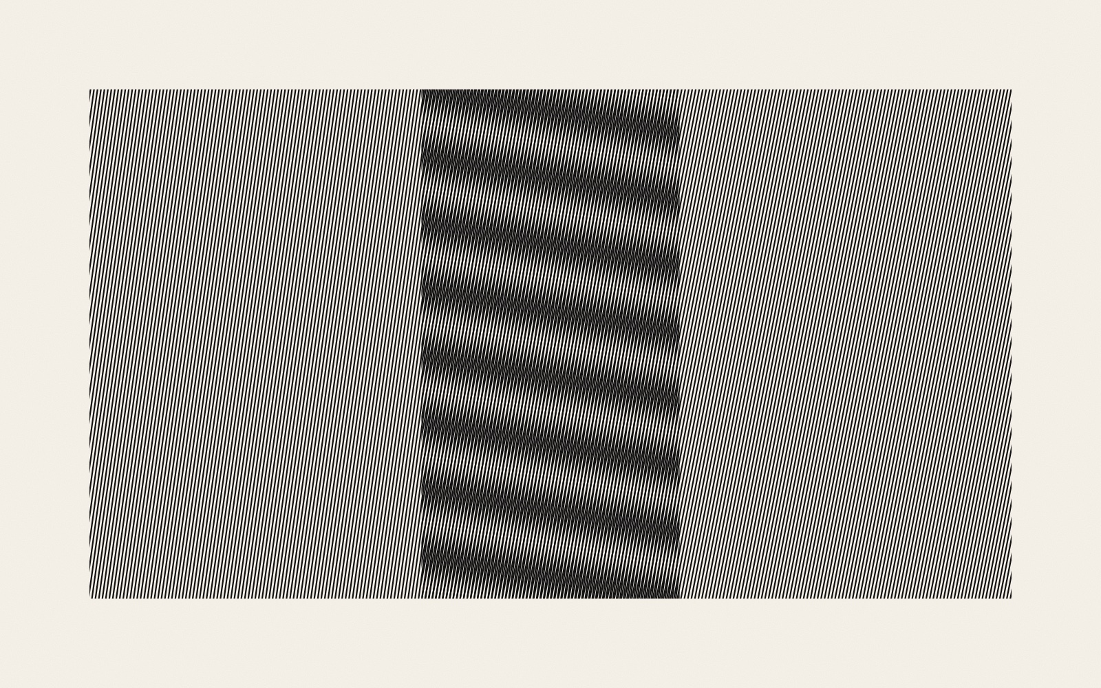 A wide rectangle of fine, nearly vertical black lines on warm paper. On the left only one set of lines is drawn, on the right only a second set at a slightly different angle. In the middle third, where both sets overlap, broad dark and light diagonal bands appear.
