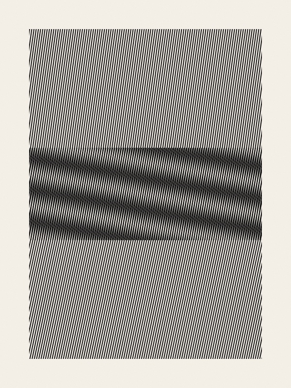 A wide rectangle of fine, nearly vertical black lines on warm paper. On the left only one set of lines is drawn, on the right only a second set at a slightly different angle. In the middle third, where both sets overlap, broad dark and light diagonal bands appear.