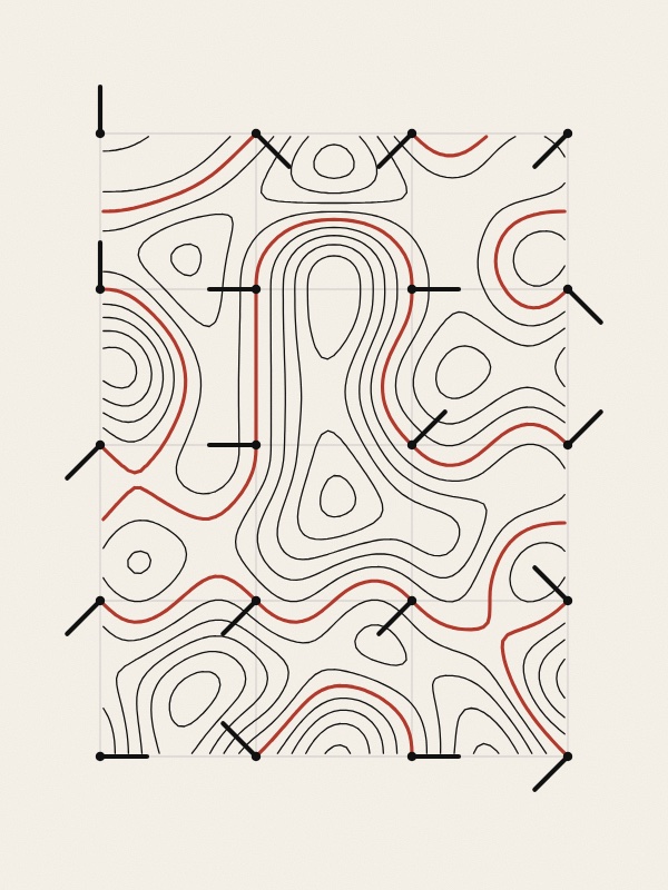 A grid of 8 by 5 squares covered with thin black contour lines that wind into rounded hills and hollows. At every grid point a black dot with a short thick line shows the gradient there, and a thicker red line, the value zero, passes through every grid point at right angles to its gradient.