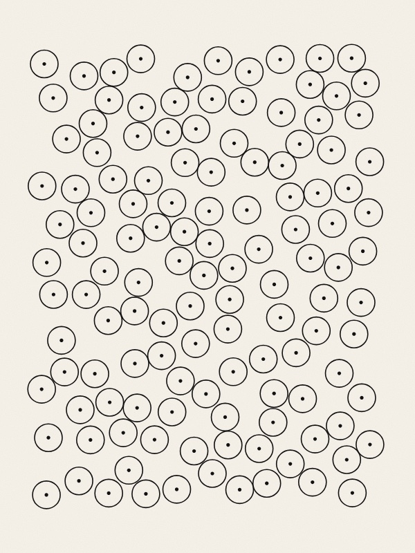Two squares of small circles with a dot in each, on warm paper. Left: the circles lie at random, many overlapping in red clusters with empty gaps between them. Right: the same number of black circles spread evenly, touching at most, never overlapping.