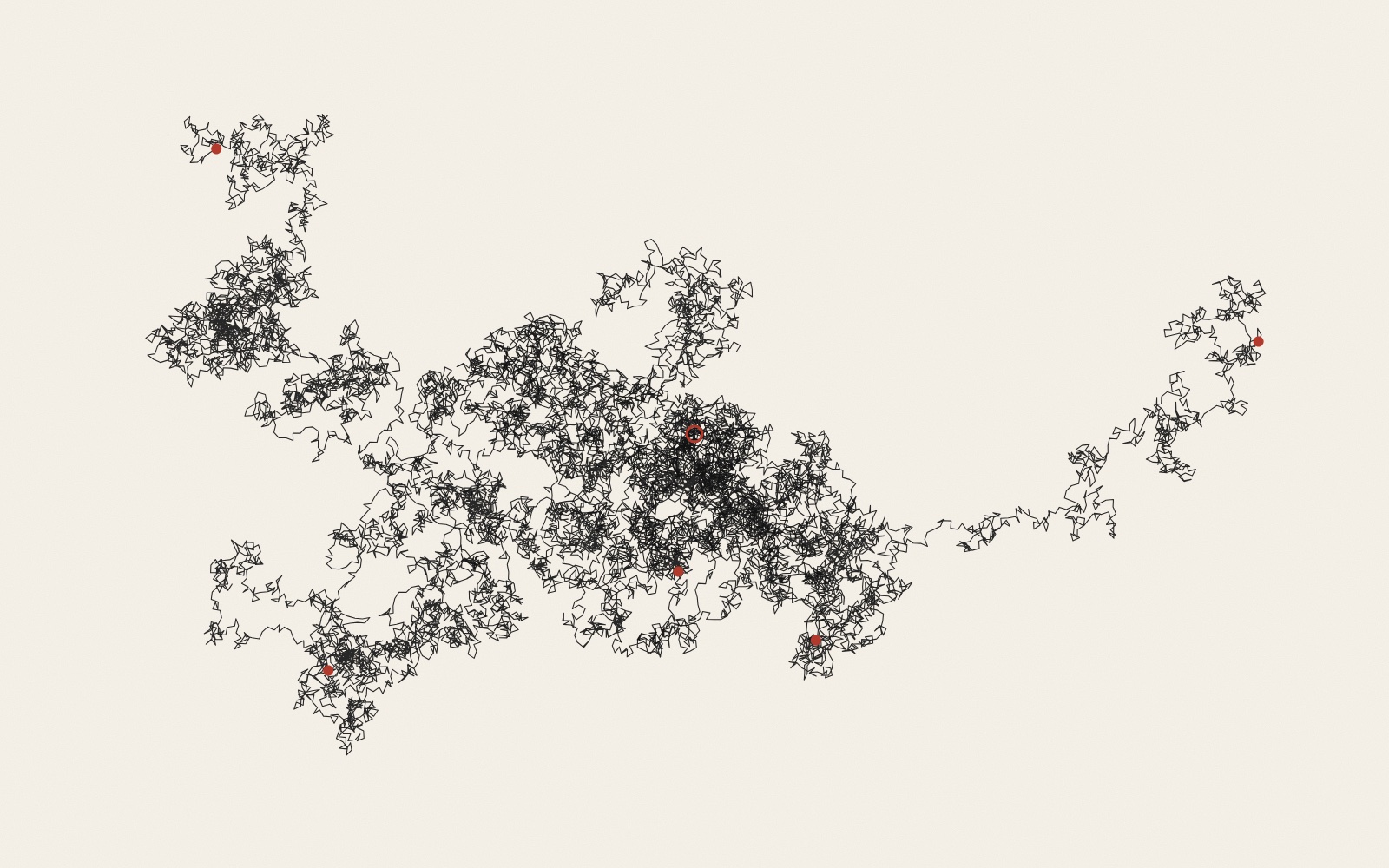 Five tangled black lines on warm paper, each made of thousands of short straight steps, all starting from one small red circle in the middle and wandering outwards in different directions. A red dot marks where each one ends.