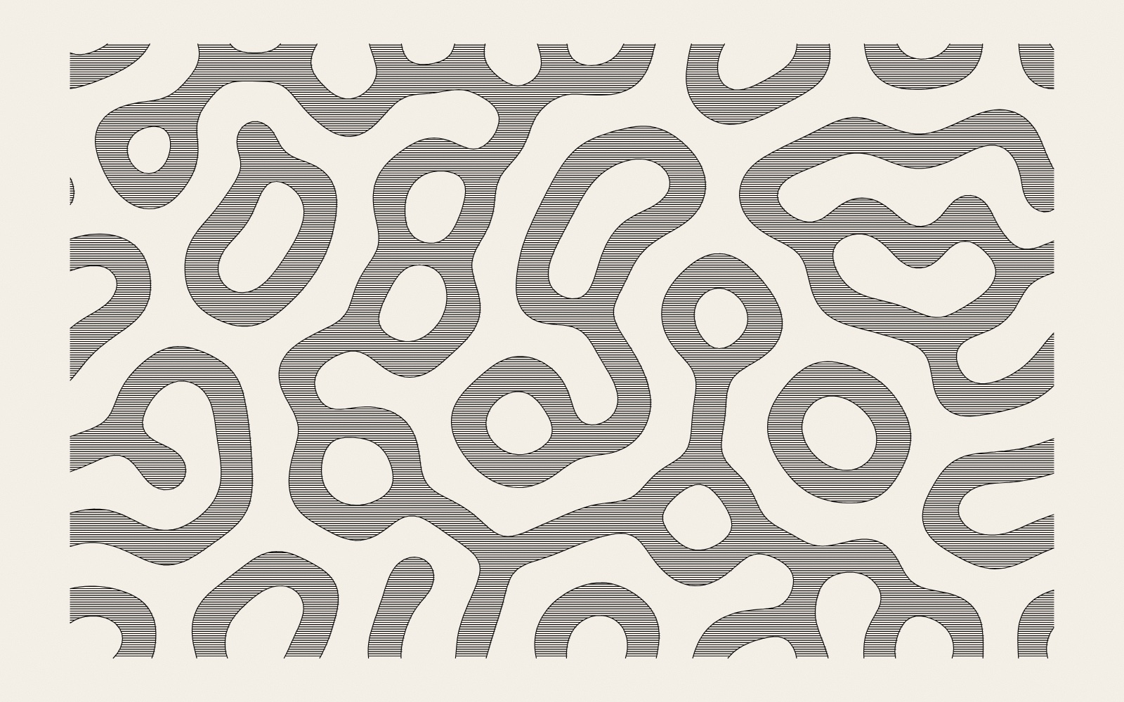 A field of winding bands, rings and loops, each band filled with fine horizontal pen lines and outlined in black, on warm paper. Between the bands the paper is empty, so the pattern reads like a maze of hatched stripes.