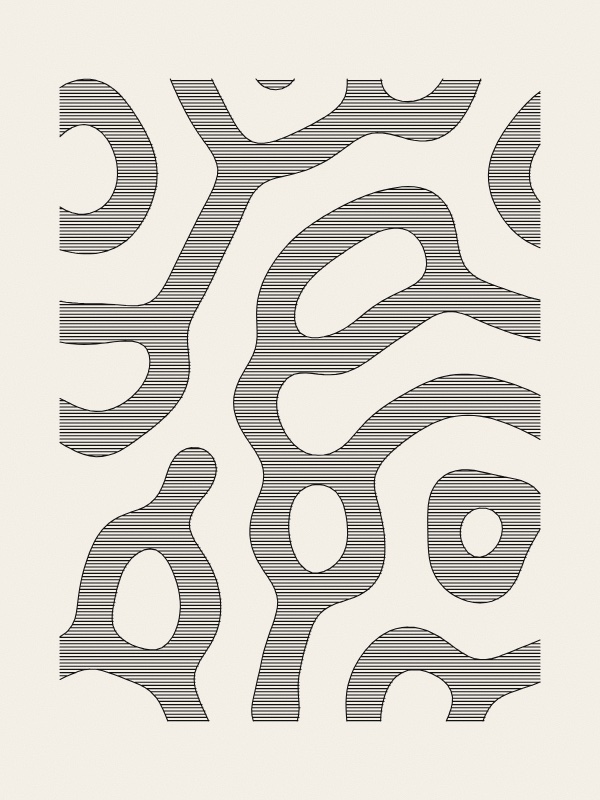 A field of winding bands, rings and loops, each band filled with fine horizontal pen lines and outlined in black, on warm paper. Between the bands the paper is empty, so the pattern reads like a maze of hatched stripes.