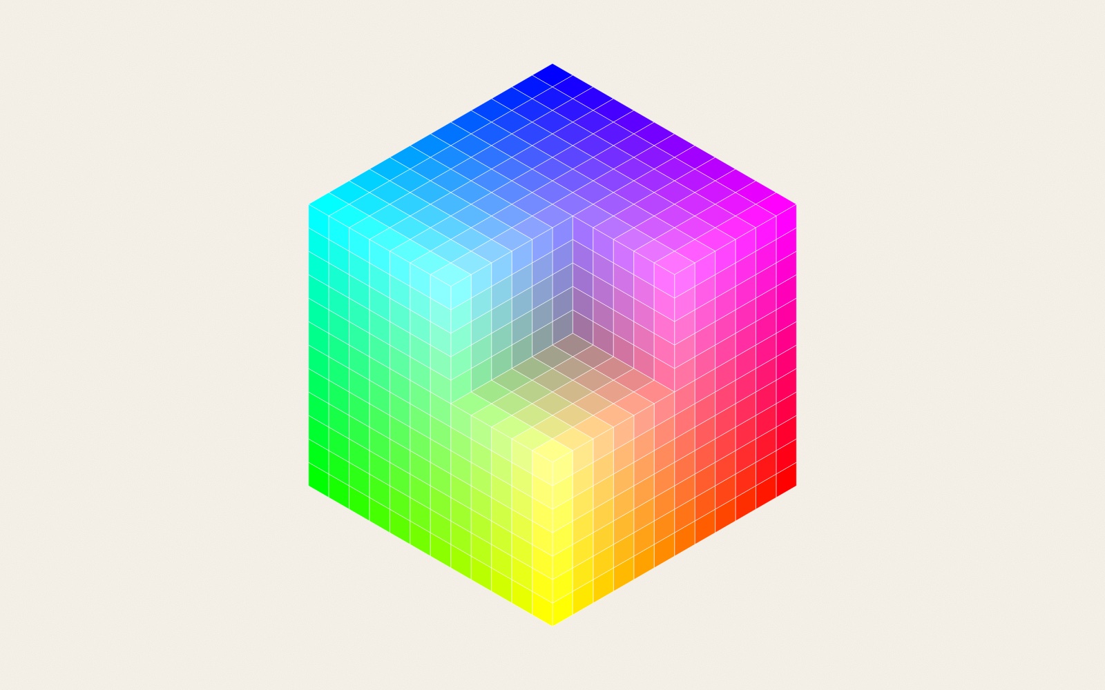A cube seen corner-on, built of 12 by 12 by 12 small cubes in flat colours: blue at the top corner, cyan and green down the left side, magenta and red down the right, yellow at the bottom. A block is cut out of the near corner, where white would be, showing paler colours and greys inside.
