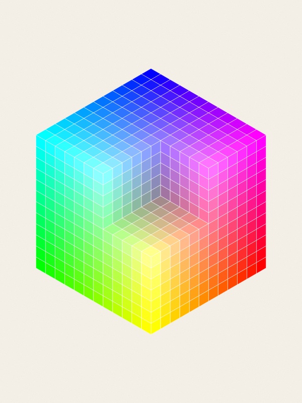 A cube seen corner-on, built of 12 by 12 by 12 small cubes in flat colours: blue at the top corner, cyan and green down the left side, magenta and red down the right, yellow at the bottom. A block is cut out of the near corner, where white would be, showing paler colours and greys inside.