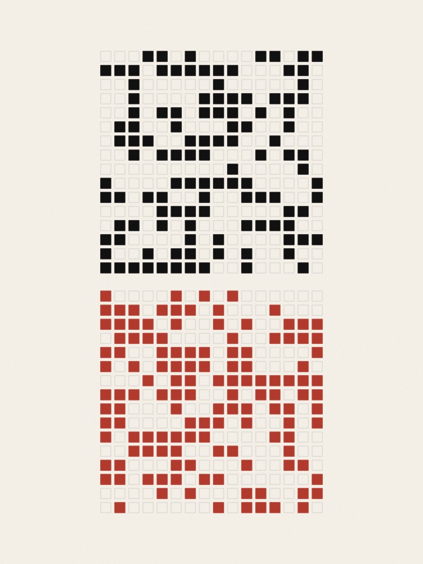 Three grids of 16 by 16 small squares. The first two show the 256 bits of the SHA-256 hashes of the texts JAEV and JAEW, black for 1 and empty for 0, with the hashes in hexadecimal printed below. The third, in red, marks the 131 bits that differ between them.