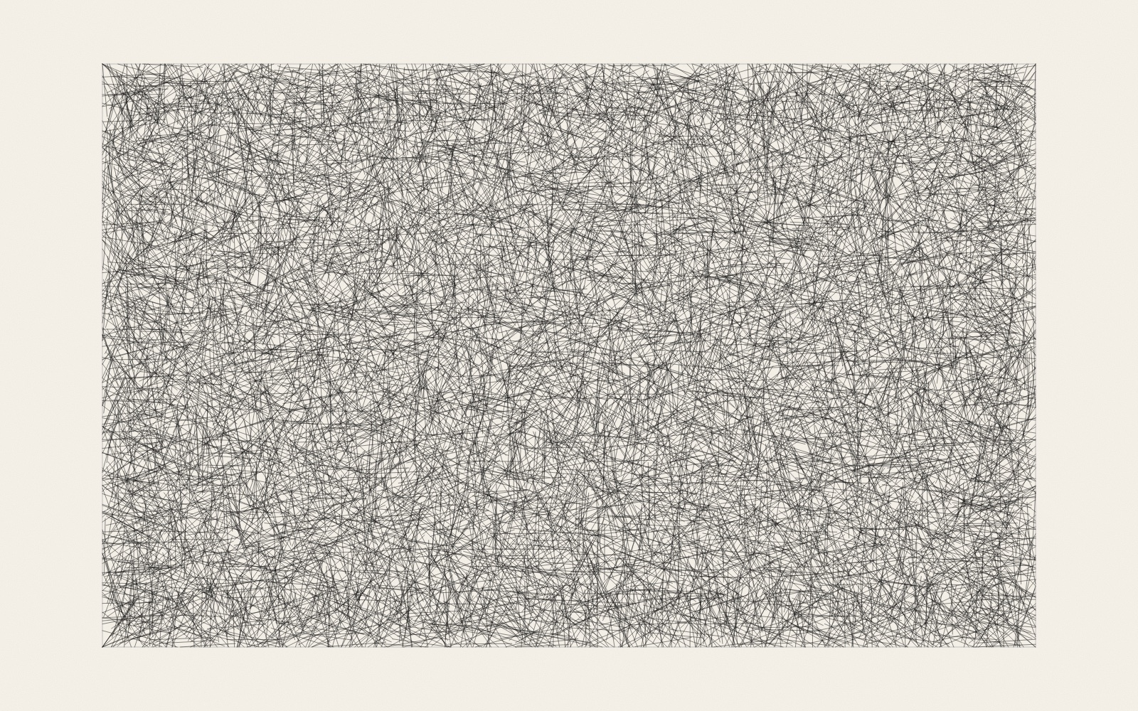 The outline of a wide wall, evenly covered with ten thousand short, thin straight lines in every direction, which together make an even grey.