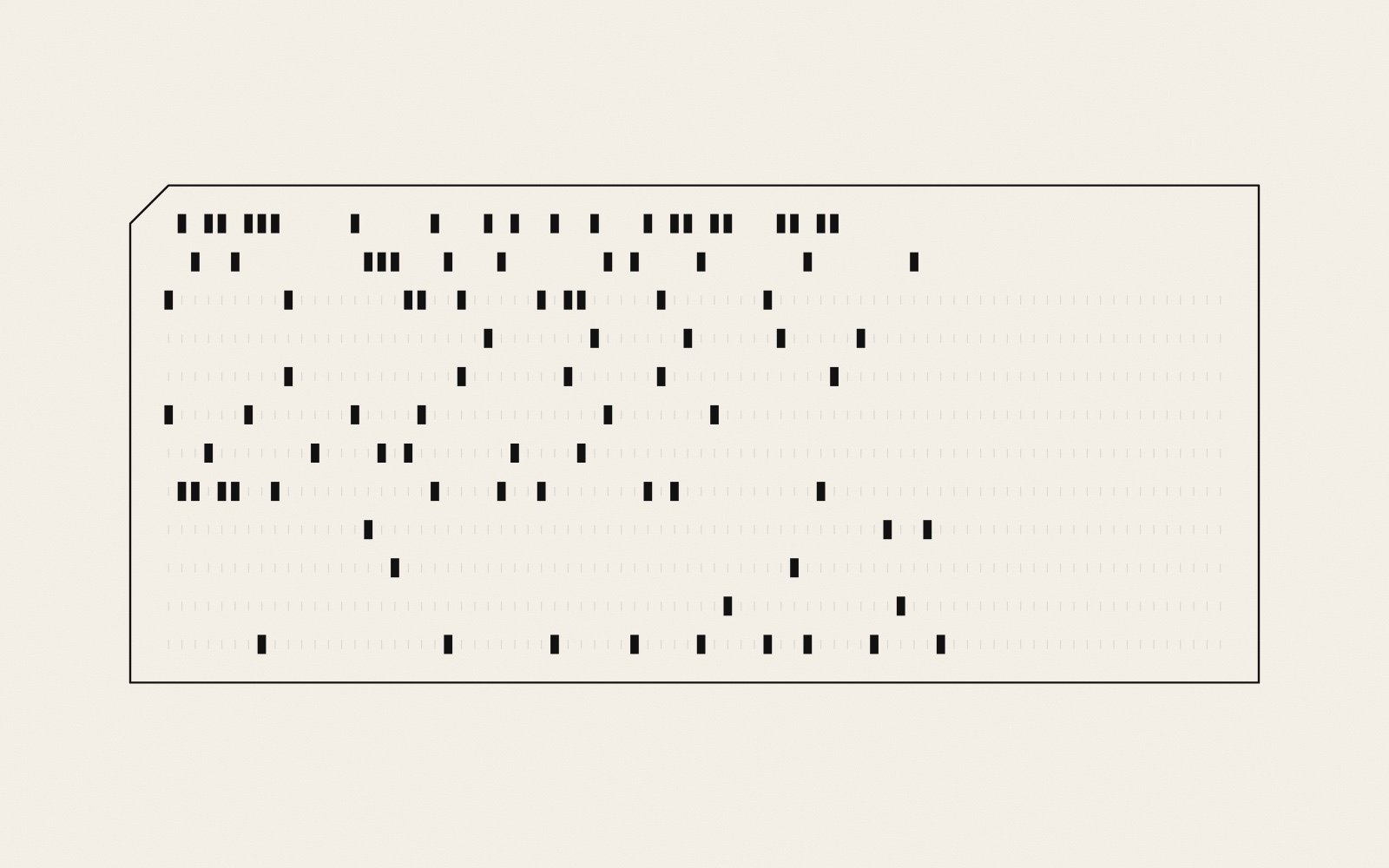 A line drawing of an 80-column punched card with a cut corner. Small black rectangular holes in twelve rows spell out text in the card code; unpunched positions are faint grey marks.