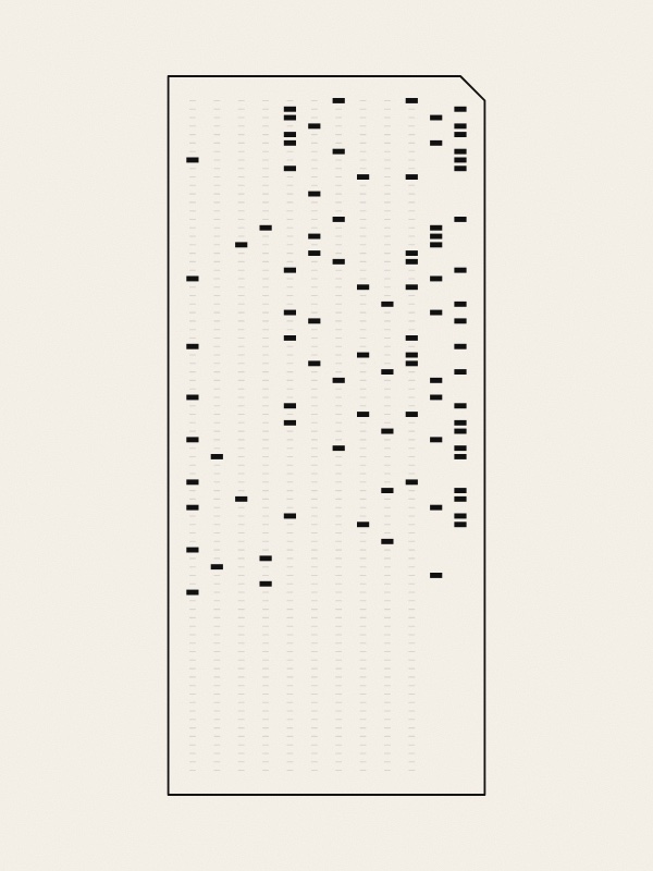 A line drawing of an 80-column punched card with a cut corner. Small black rectangular holes in twelve rows spell out text in the card code; unpunched positions are faint grey marks.