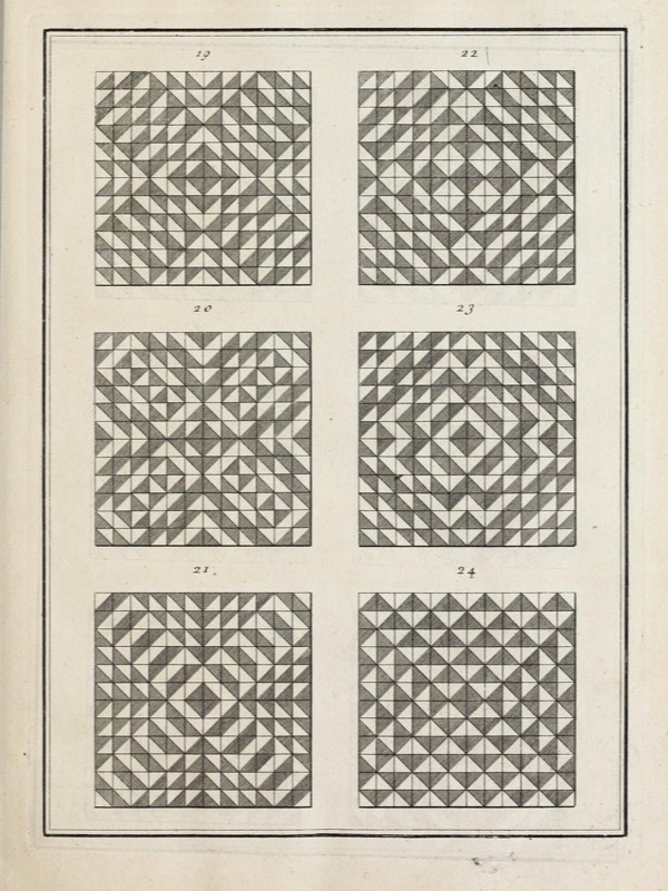 An engraved book page with six square patterns numbered 19 to 24. Each is made of small square tiles split diagonally into a hatched dark half and a light half, turned so that together they form diamonds, crosses and zigzags.