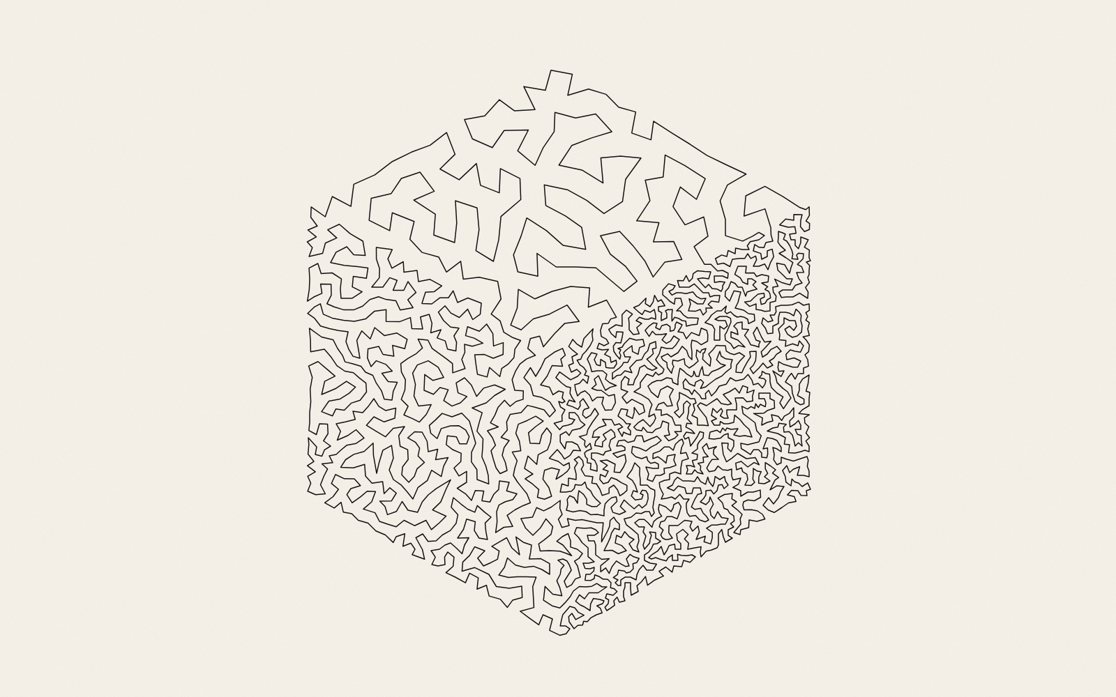 A cube seen from one corner, drawn on warm paper with a single unbroken black line that winds like a maze. On the top face the line makes wide, open loops; on the left face it is closer; on the right face it is packed so tightly that the face looks dark.