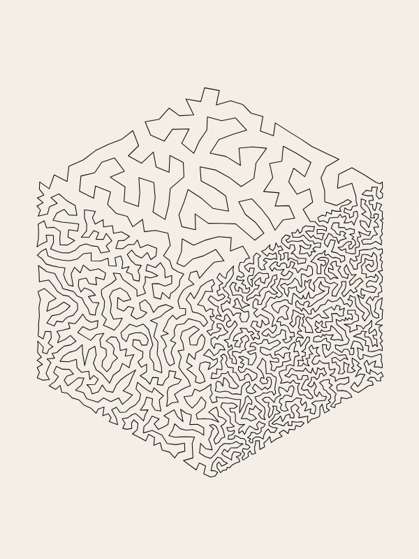 A cube seen from one corner, drawn on warm paper with a single unbroken black line that winds like a maze. On the top face the line makes wide, open loops; on the left face it is closer; on the right face it is packed so tightly that the face looks dark.