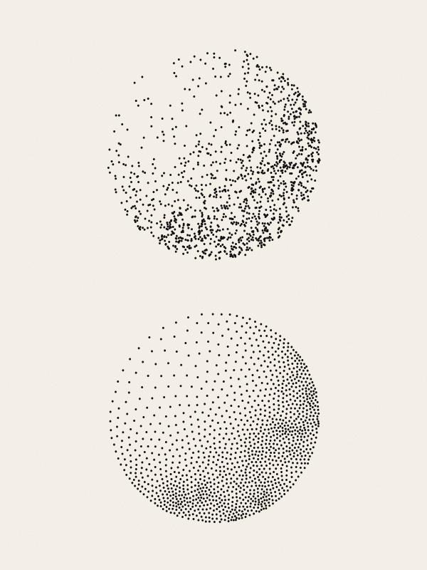 Three round fields of black dots on warm paper, all showing a ball lit from the upper left. Left: dots scattered unevenly, in clumps and gaps. Middle: fewer dots, each inside a grey polygon, with a short red line from each dot showing where it moves. Right: evenly spaced dots, sparse at the upper left and dense at the lower right. Small grey labels under each.